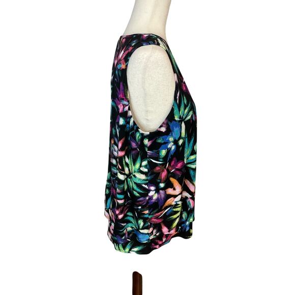 Rafaella black bright floral flowy overlay sleeveless shirt blouse womens medium - Picture 3 of 7